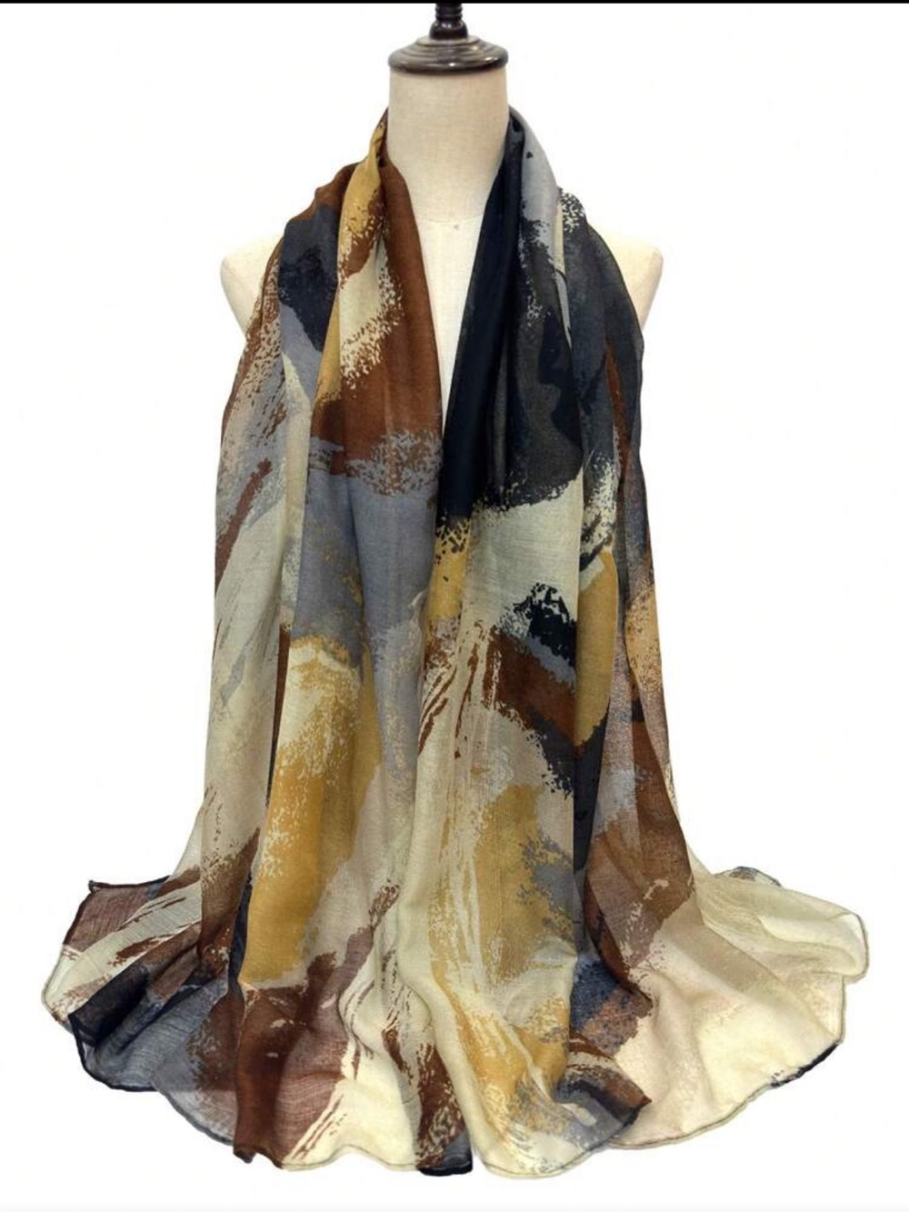 Abstract Brushstroke Lightweight Scarf - Brown, Black, Cream nwt